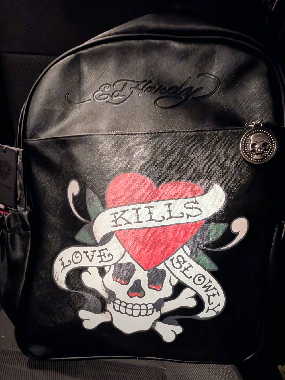 Ed Hardy Love Kills Slowly Backpack Black Faux Leather Tattoo Graphic NWT $140